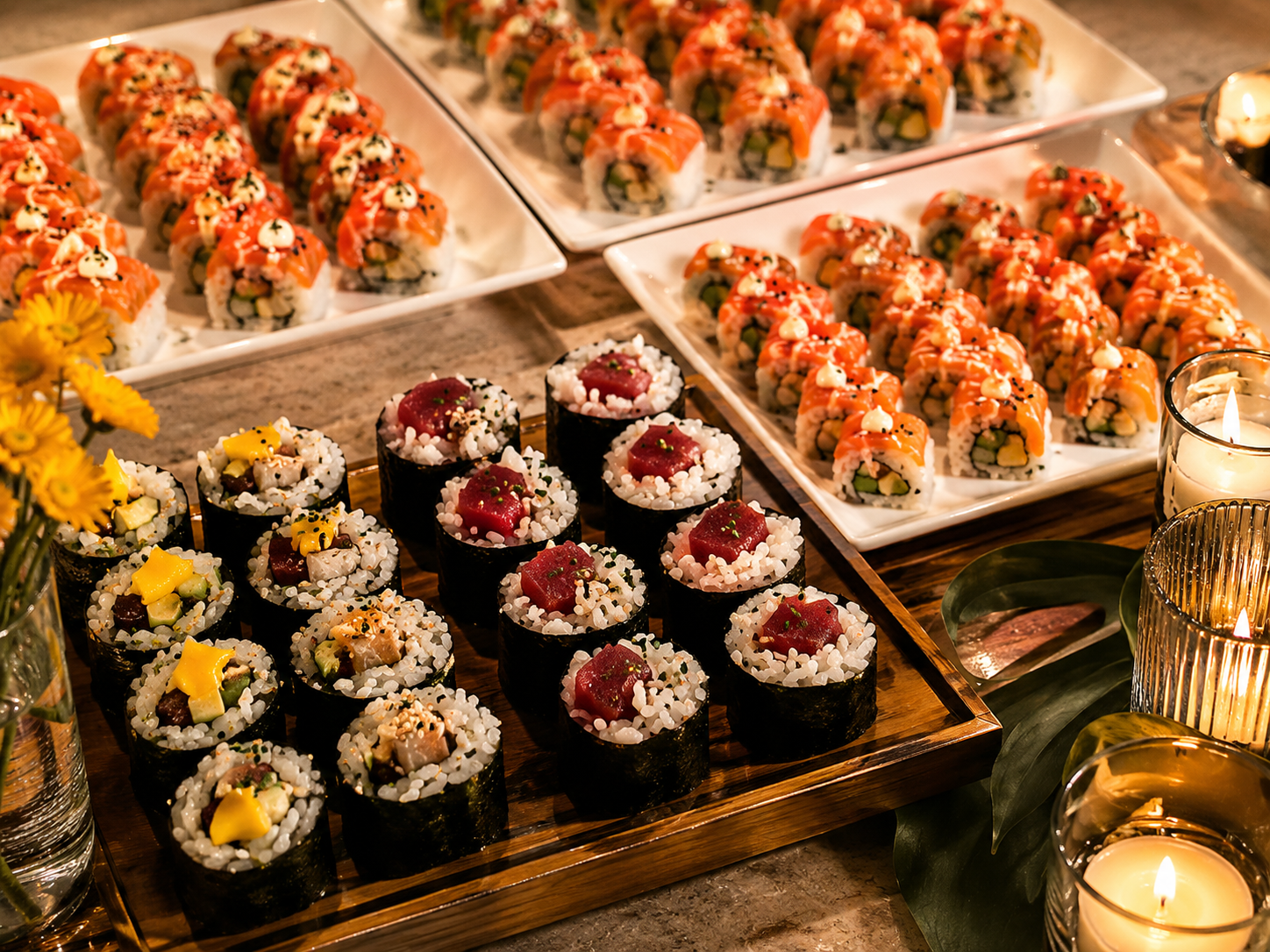 Sushi platters stacked and ready