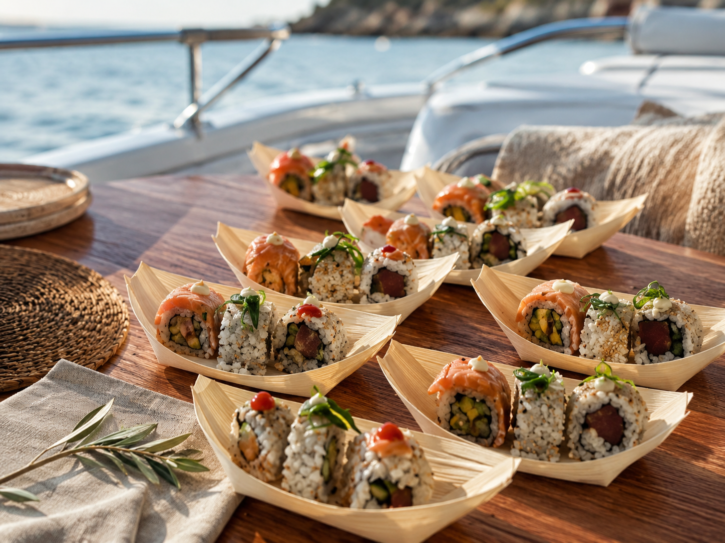 Sushi boats served on a boat table