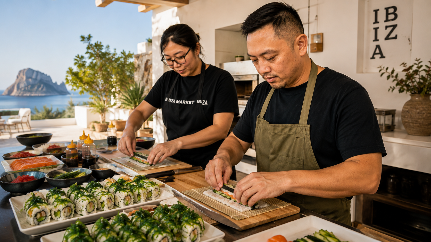 Lau and Madel rolling sushi with the Ibiza coast behind them